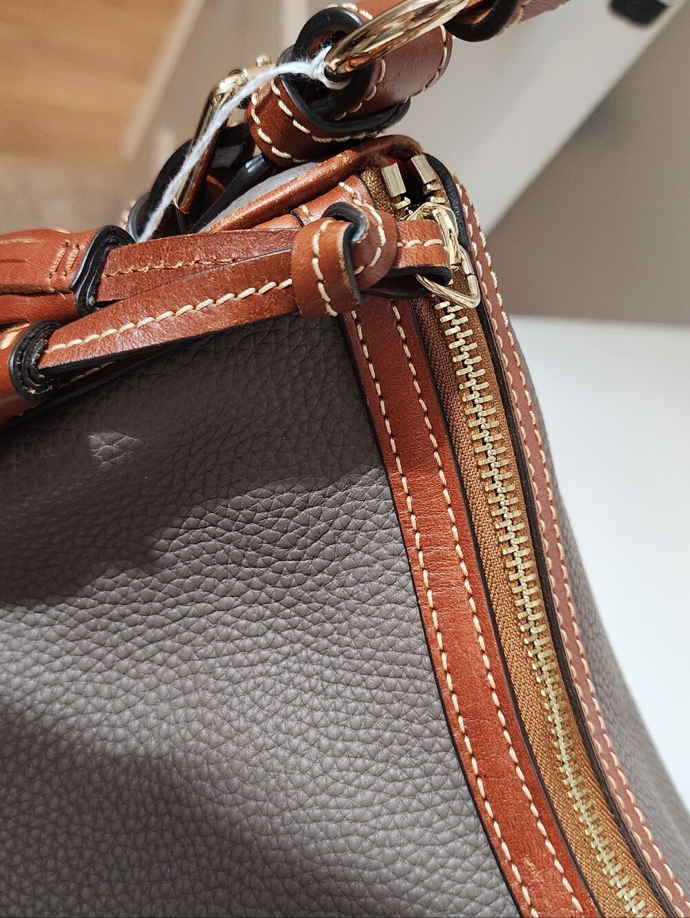Dooney & Bourke Taupe Pebbled Leather Hobo with Brown Trim - Picture 4 of 6